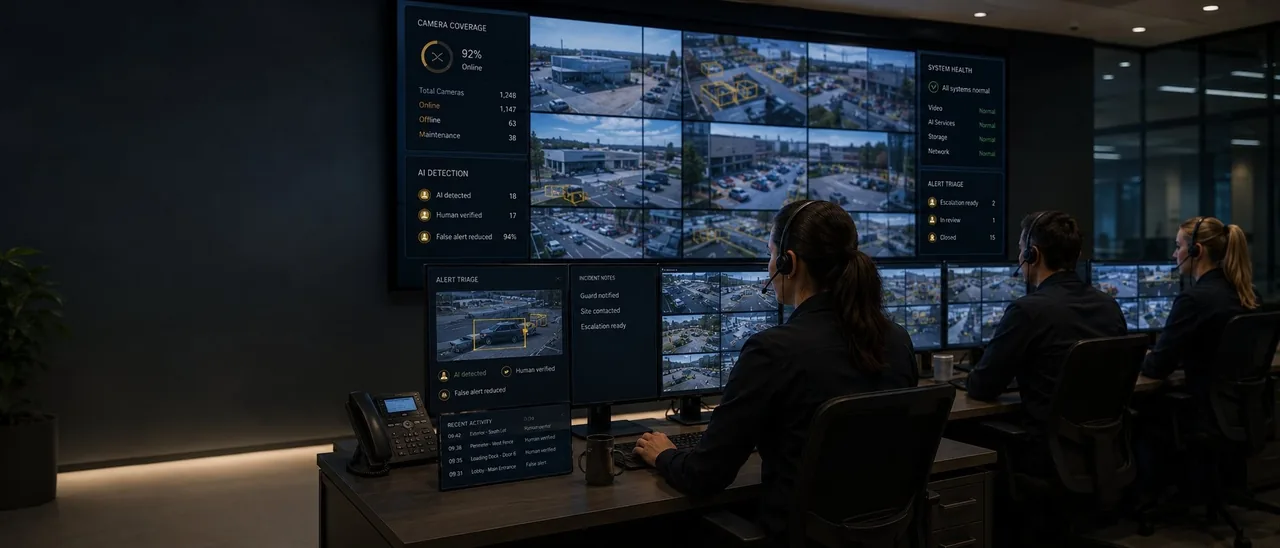 Analyst reviewing live CCTV camera feeds in a monitoring center